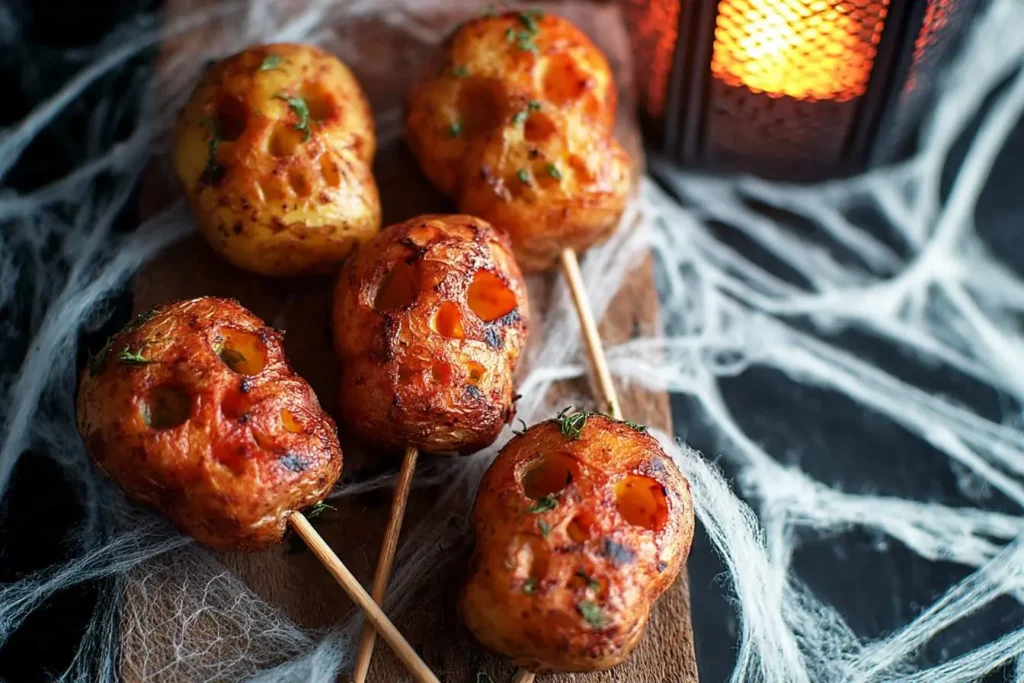 Roasted Spooky Skull Potatoes on skewers, garnished with herbs, displayed on a rustic wooden board with spiderwebs and a glowing lantern.