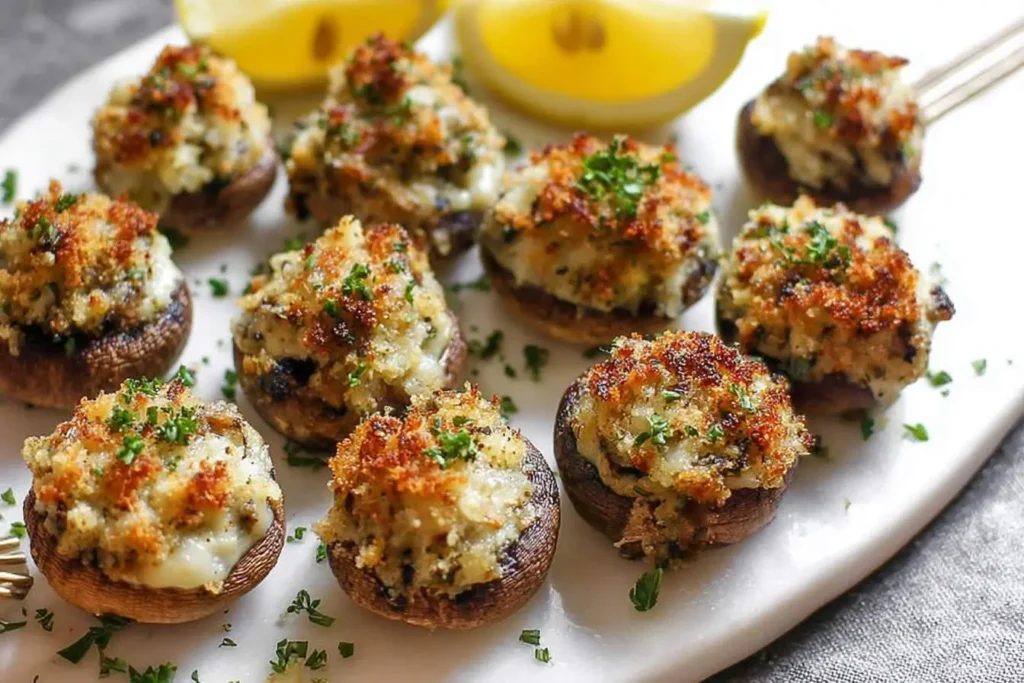 A close-up of a white platter filled with golden-brown baked stuffed mushrooms, garnished with fresh parsley and lemon wedges in the background.