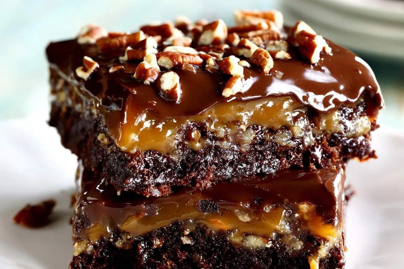 A close-up of a stack of two decadent texas turtle sheet cake bars, featuring chocolate, gooey caramel, and crunchy pecans.