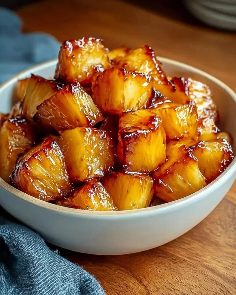 A white bowl overflowing with golden brown, glistening air fryer pineapple chunks, coated in a sweet, caramelized glaze.
