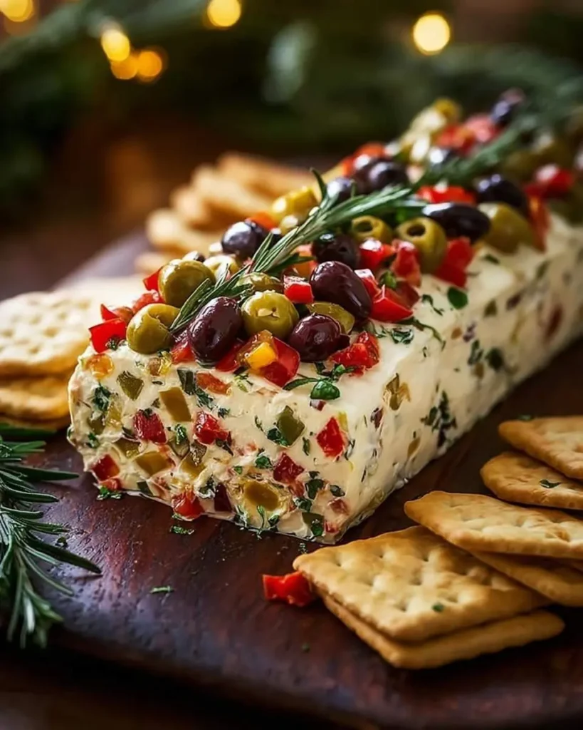 A festive Antipasto Cream Cheese Log, beautifully garnished with green and black olives, diced bell peppers, and fresh rosemary, served with crackers on a rustic wooden board amidst holiday lights.