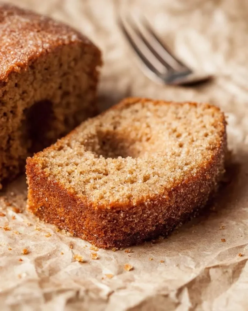 A delicious slice of Apple Cider Donut Bread dusted with cinnamon sugar, on parchment paper with a loaf and fork in the background.