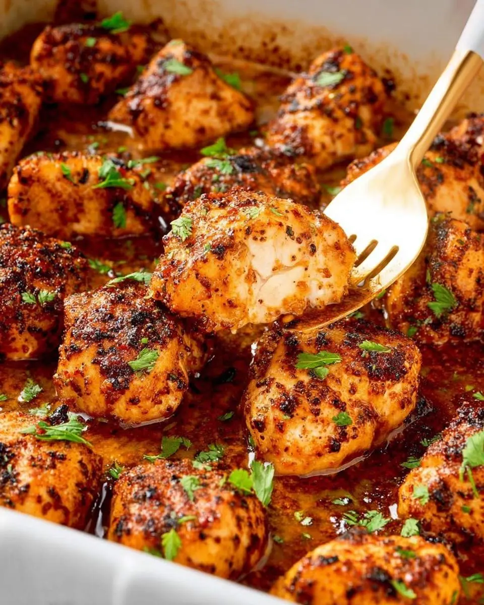 Baked Chicken Bites 2 Close-up of golden brown Baked Chicken Bites, garnished with fresh herbs, being lifted from a white dish with a gold fork, revealing a tender interior.