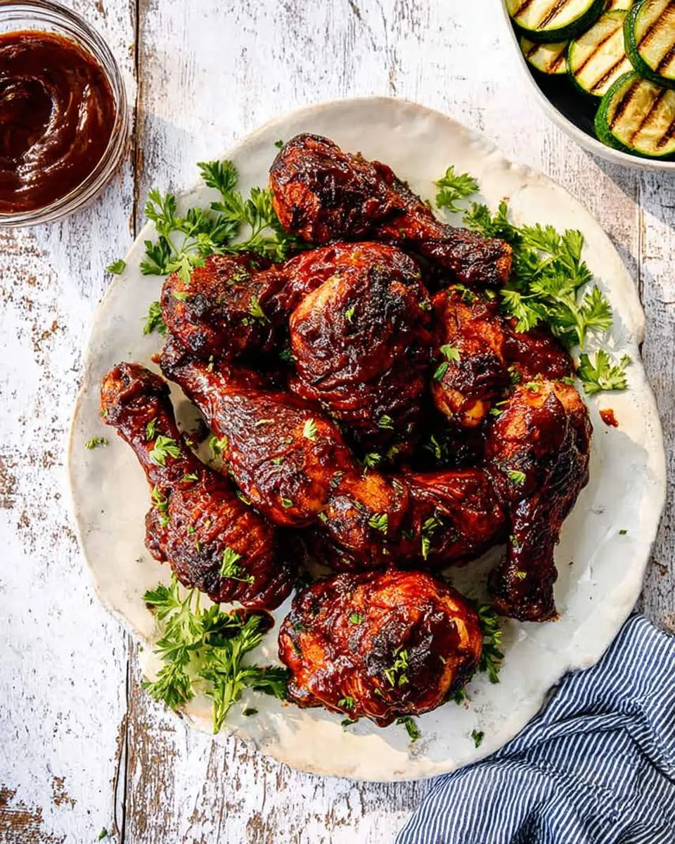 A platter of saucy grilled bbq chicken drumsticks and thighs, garnished with fresh parsley, on a rustic white table.