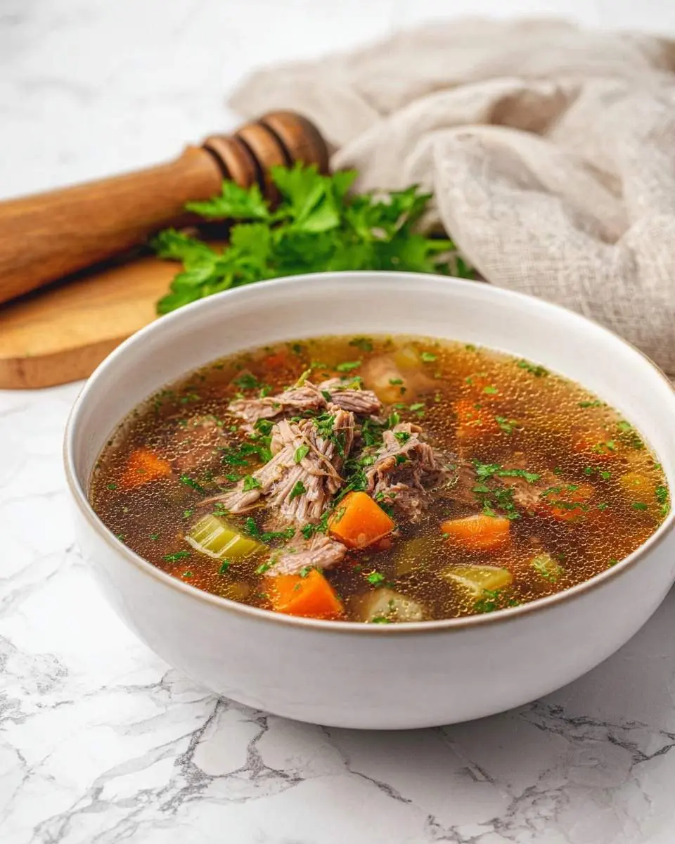 A close-up of a steaming bowl of beef short rib soup with carrots, celery, and shredded beef, garnished with parsley on a marble counter.