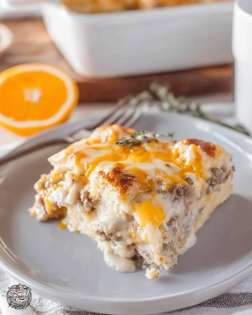 A delicious slice of Biscuits and Gravy Breakfast Casserole topped with melted cheese and a sprig of thyme, on a grey plate.