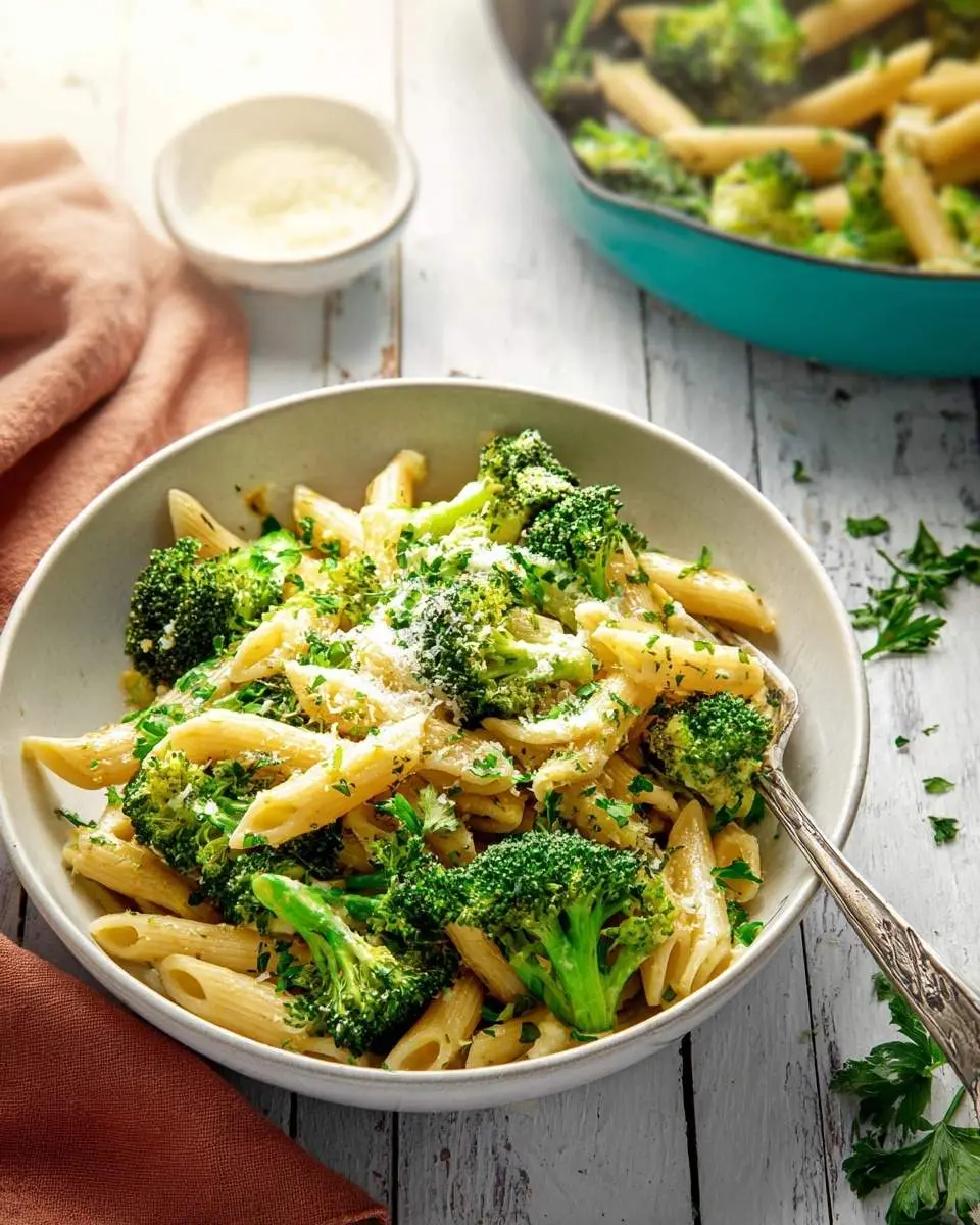 Broccoli Pasta 2 A delicious bowl of creamy broccoli pasta with grated cheese and fresh parsley on a rustic white wooden table.