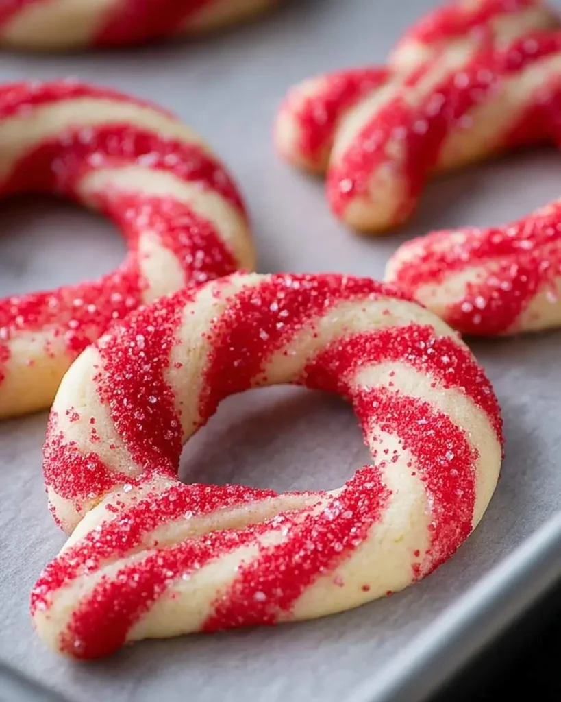 Close-up of several festive red and white striped Candy Cane Cookies, generously coated in shimmering red sugar sprinkles, on a baking sheet.