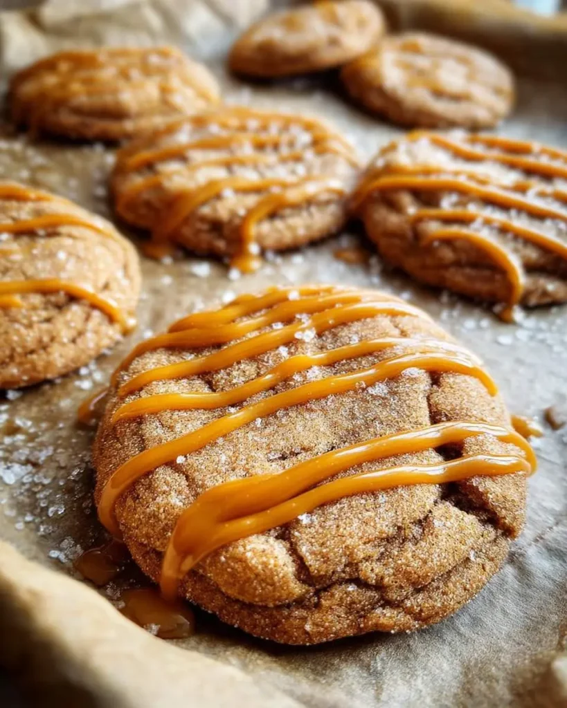 A close-up shot of freshly baked caramel macchiato cookies drizzled with caramel sauce and sprinkled with sea salt on parchment paper.