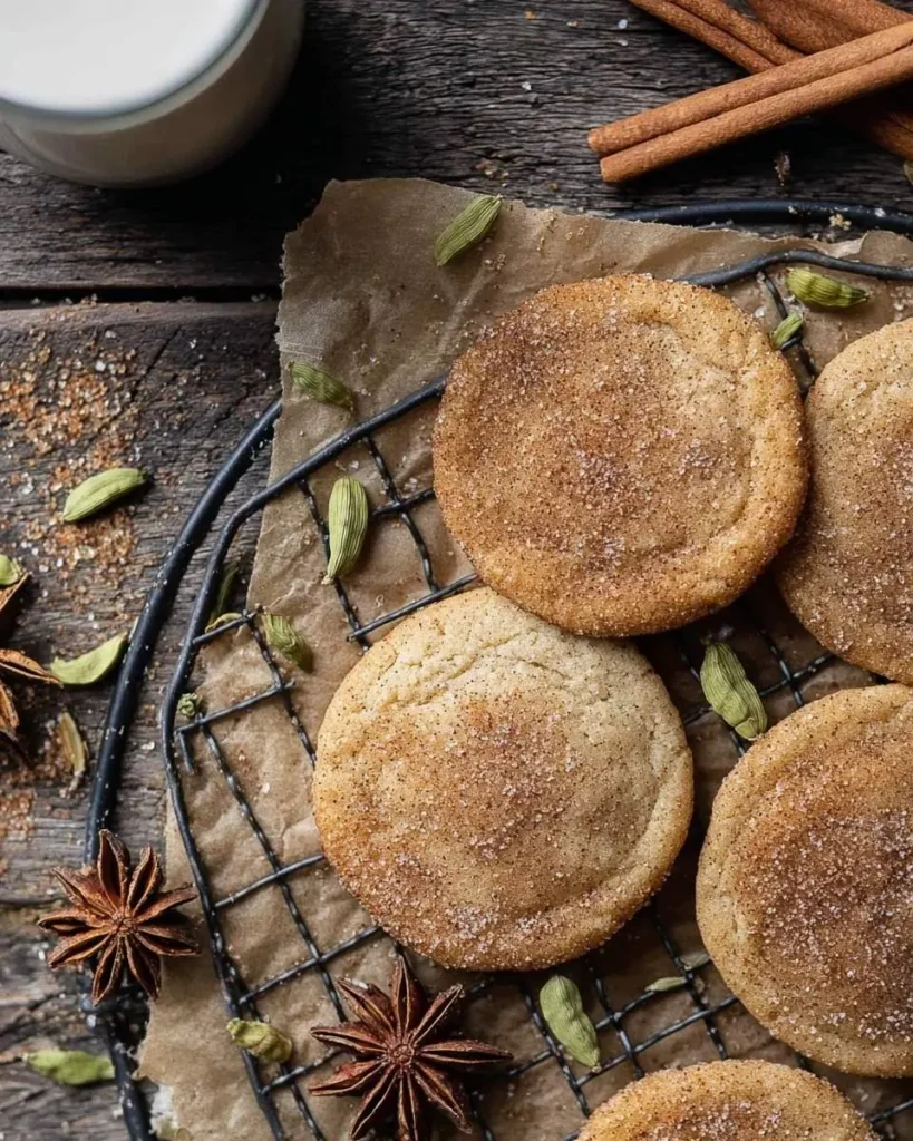 Close-up of freshly baked Chai Sugar Cookies on a cooling rack, surrounded by cardamom pods, star anise, and cinnamon sticks.