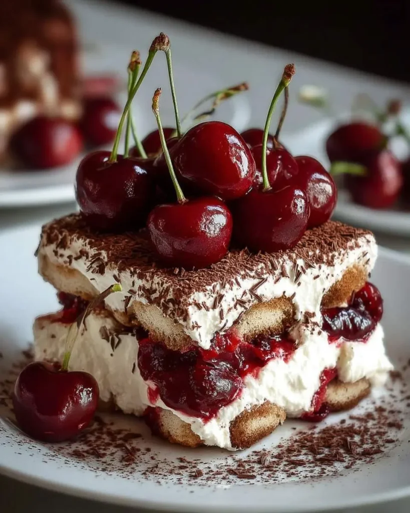 A delicious slice of Cherry Amaretto Tiramisu on a white plate, topped with fresh cherries and chocolate shavings.