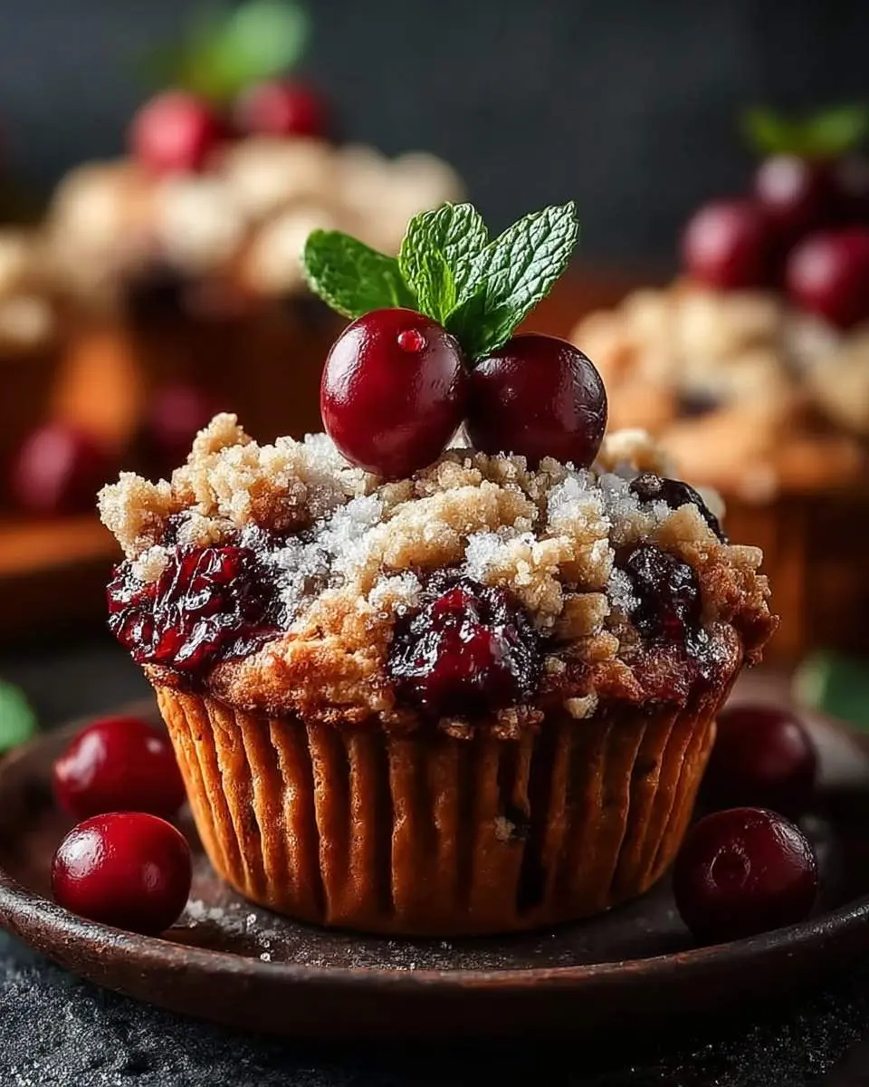 A close-up of a delicious Cherry Cobbler Muffin topped with crumble, fresh cherries, and mint leaves on a dark plate.