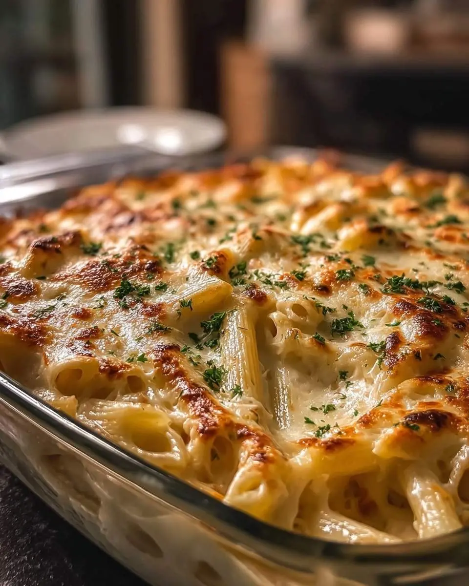 A close-up shot of a bubbling hot chicken alfredo bake, generously topped with golden-brown melted cheese and fresh parsley in a glass dish.
