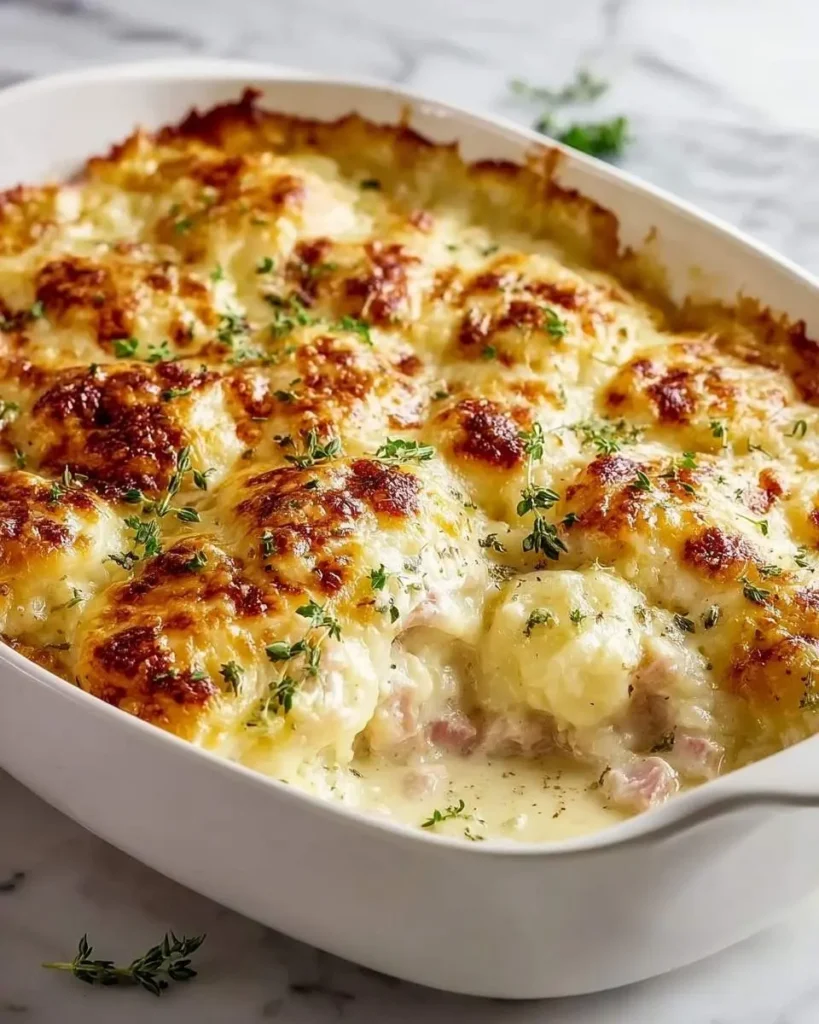 A golden-baked Chicken Cordon Bleu Casserole in a white oval dish, rich with creamy sauce, ham, and topped with melted cheese and fresh thyme.