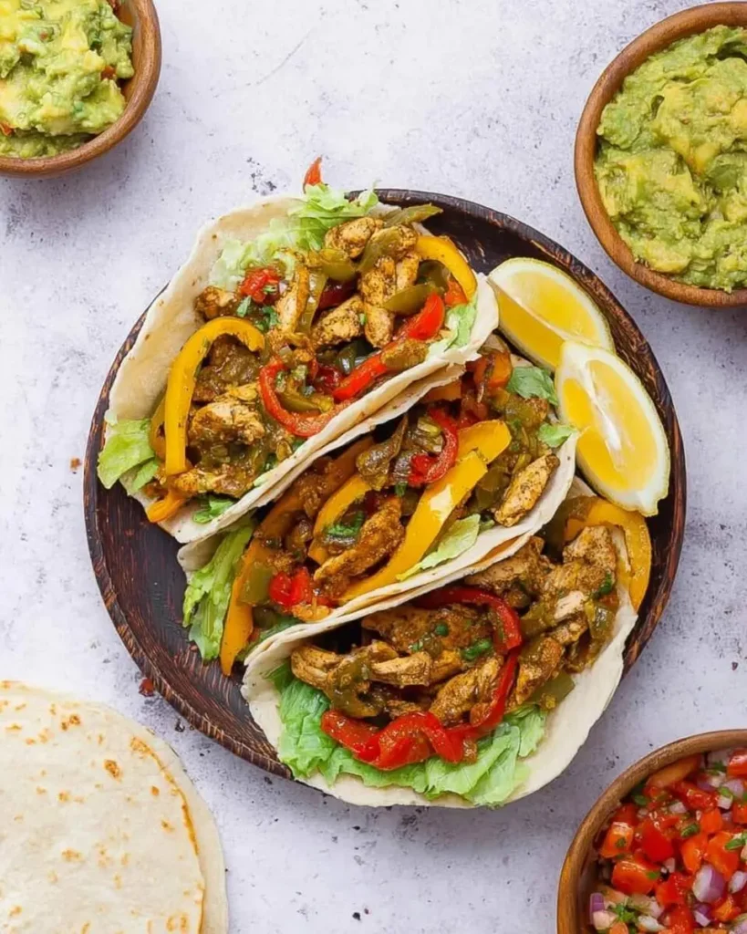 Three chicken fajitas featuring seasoned chicken and colorful bell peppers, served on a wooden plate with guacamole and salsa.