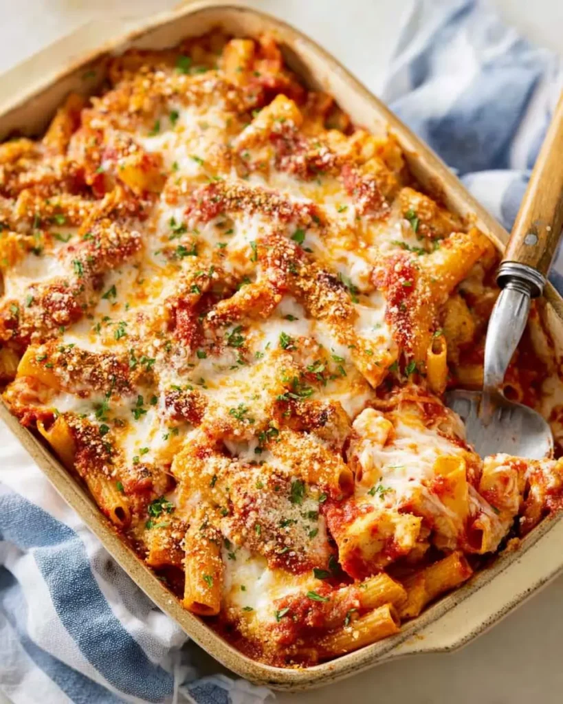 A freshly baked Chicken Parmesan Casserole in a ceramic dish, topped with melted mozzarella, breadcrumbs, and fresh parsley.