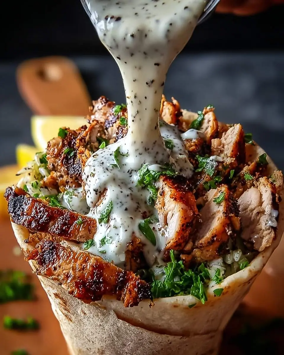 A mouth-watering Chicken Shawarma with Garlic Sauce drizzled over grilled chicken, rice, and parsley in a pita bread cone.