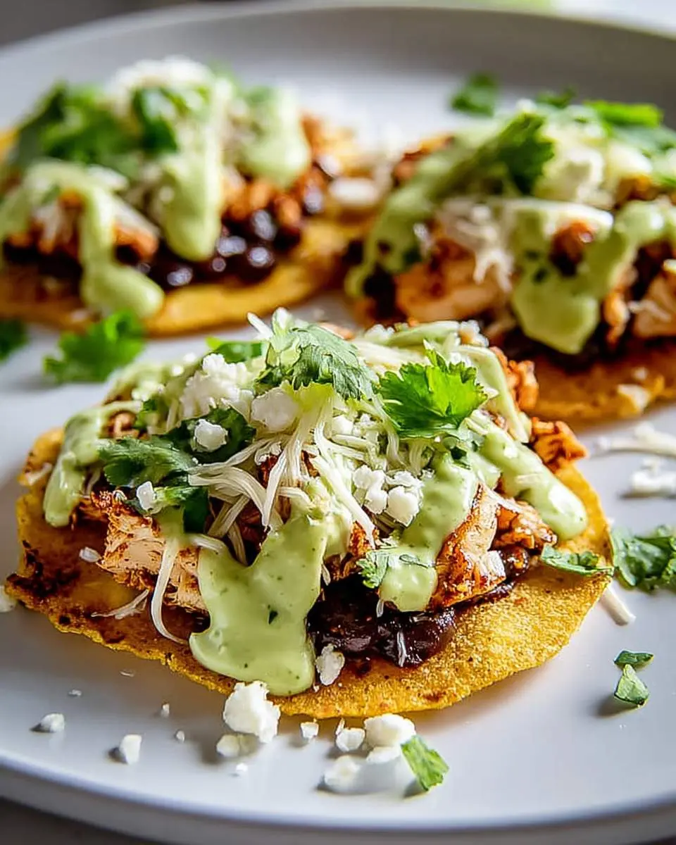 Smoky Chicken Tostadas with Creamy Avocado Crema 2 A close-up of three Chicken Tostadas on a white plate, topped with cheese, cilantro, and a creamy green sauce.