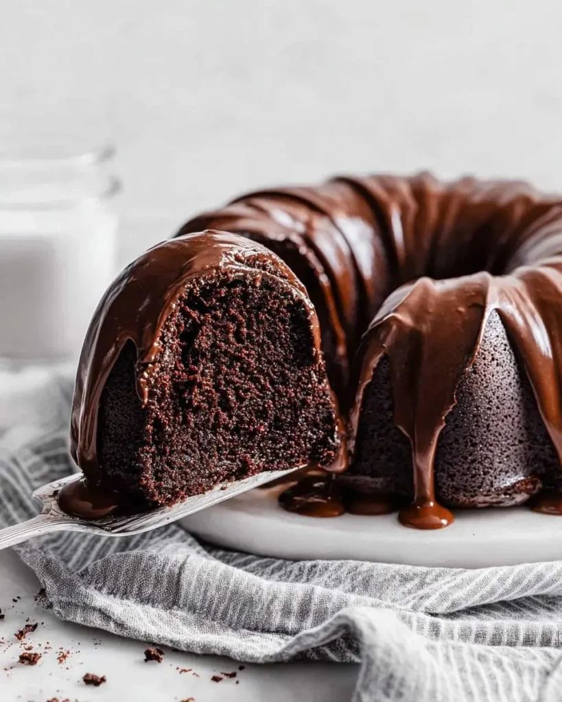 A decadent slice of moist Chocolate Buttermilk Bundt Cake, generously glazed, being served from the whole cake.