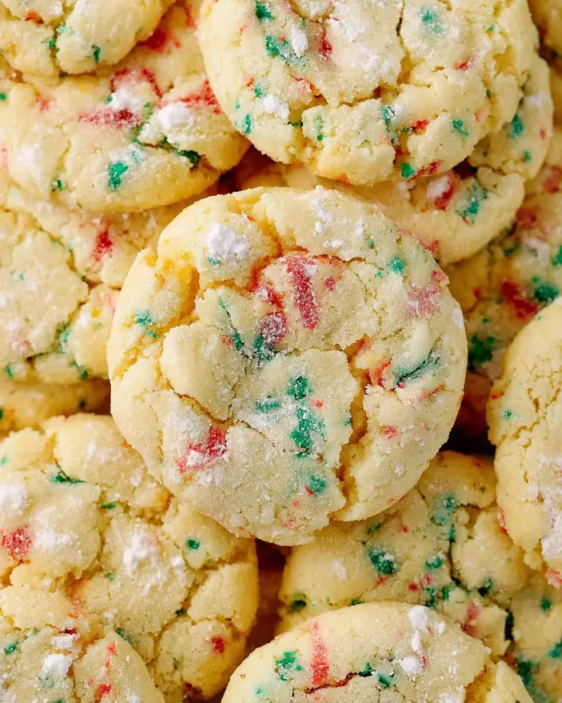 A close-up pile of festive Christmas Gooey Butter Cookies with red and green sprinkles and a powdered sugar coating.