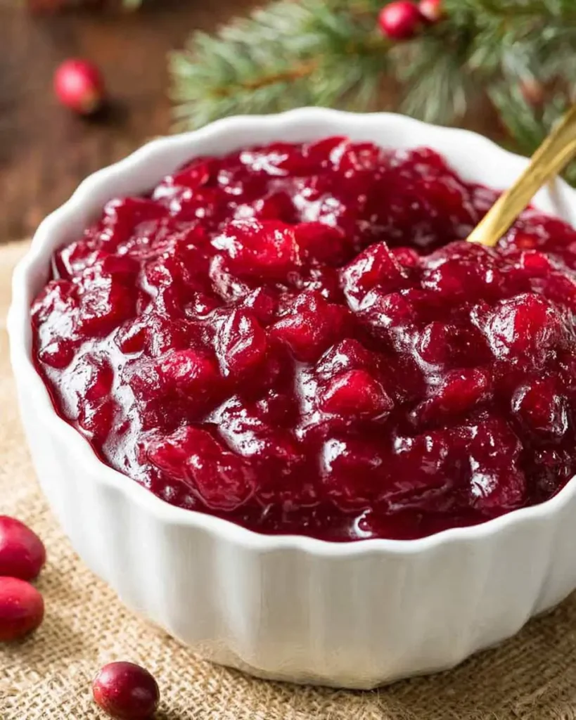 A white scalloped bowl filled with chunky homemade cranberry sauce, with a gold spoon and fresh cranberries nearby.