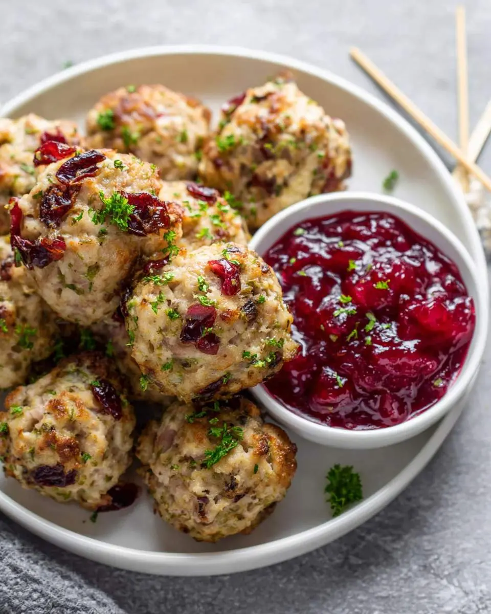 A white plate of delicious Cranberry Turkey Stuffing Balls served with a side of cranberry sauce for dipping.