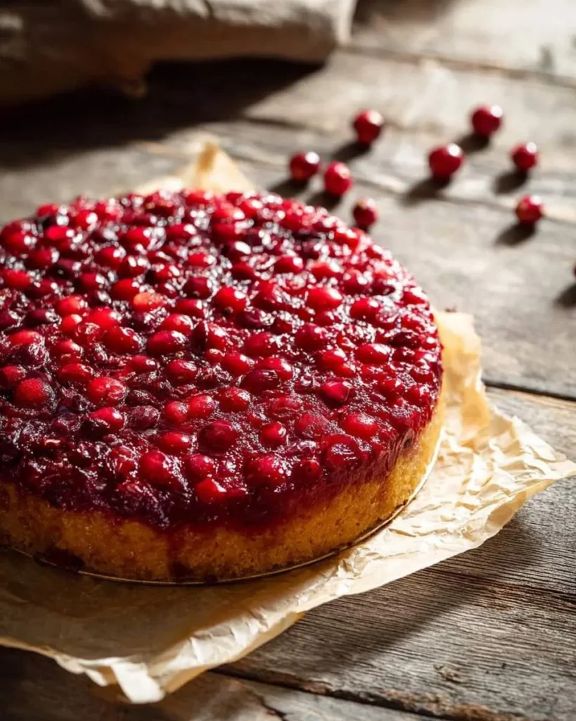 A vibrant Cranberry Upside Down Cake on crumpled parchment paper sits on a rustic wooden table, with scattered cranberries in the background.