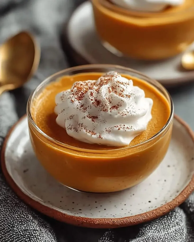 A glass bowl of smooth, Creamy Pumpkin Custard topped with a swirl of whipped cream and a dusting of cinnamon spice.