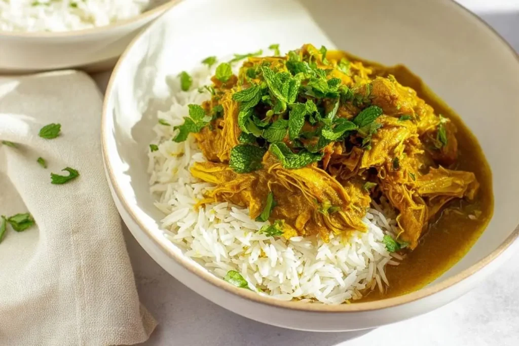 A white bowl of fragrant basmati rice topped with tender, shredded curry chicken and fresh mint leaves, with another bowl of rice and a linen napkin in the background.