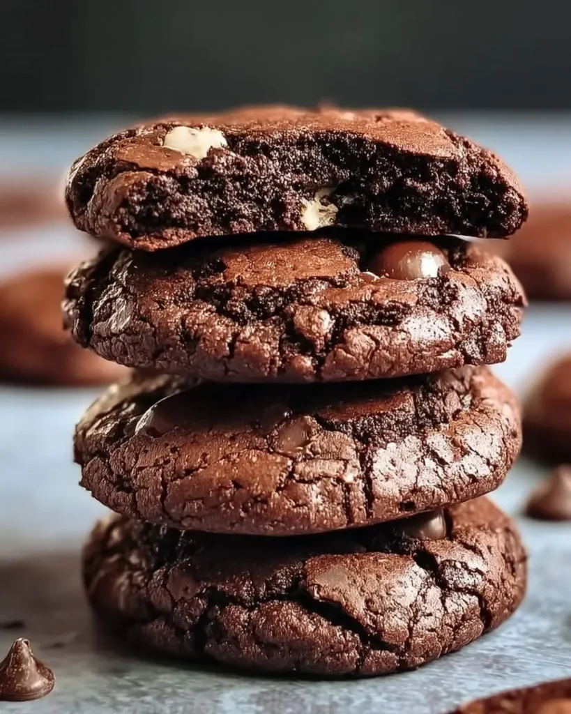 A stack of four rich, dark fudgy brownie cookies, with the top one broken to show its gooey interior and white chocolate chips.