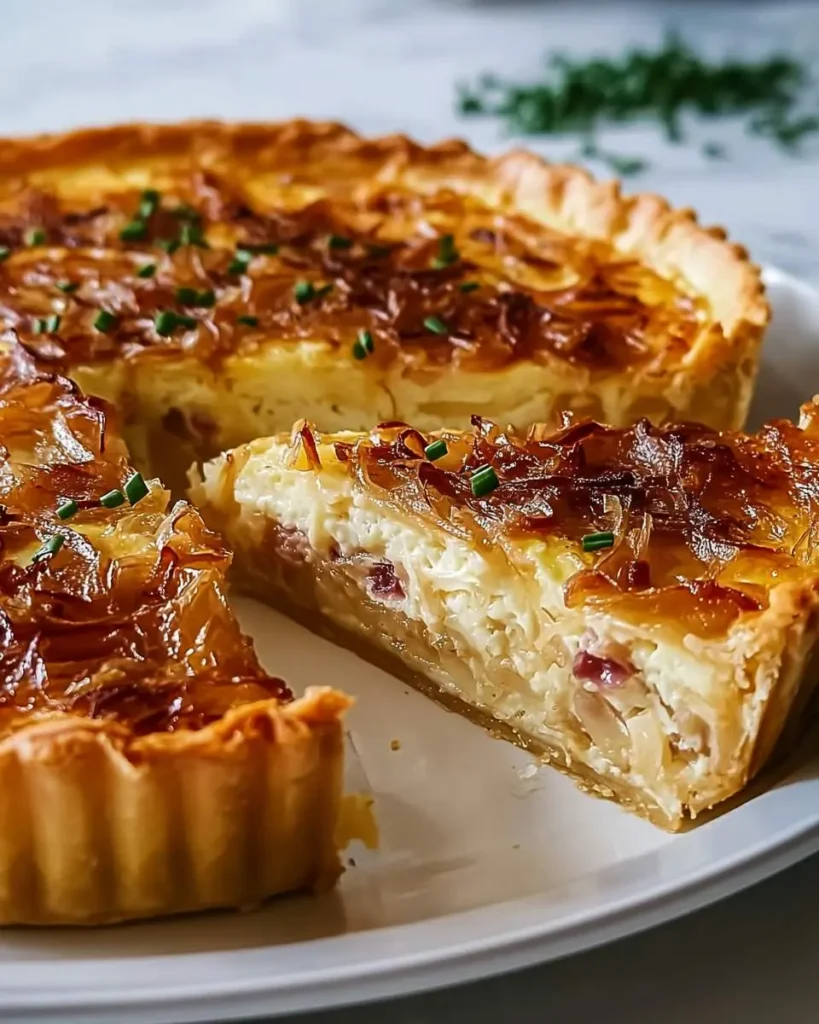 A freshly baked German Onion Pie with a slice cut out, revealing a creamy filling under a layer of caramelized onions.