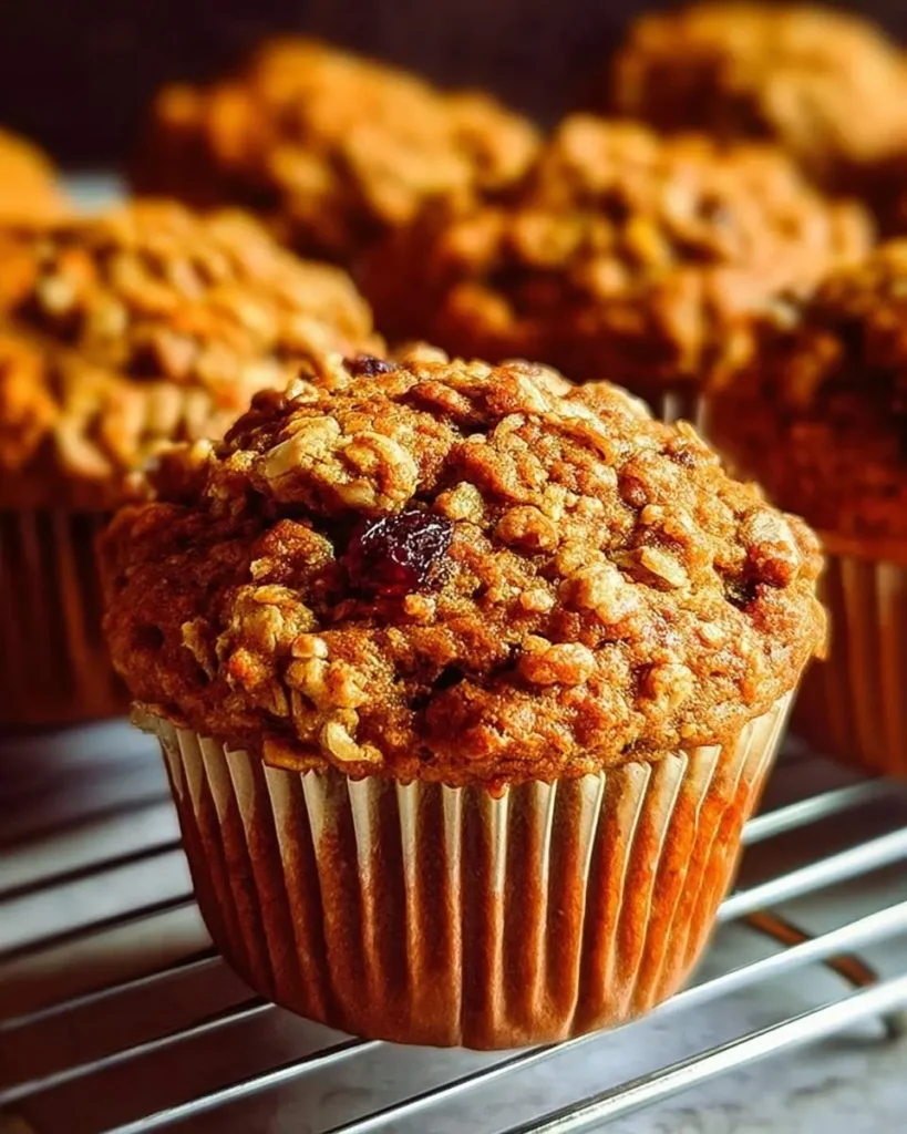 A delicious streusel-topped muffin with a visible raisin, golden brown and perfectly baked from a glory muffins recipe.