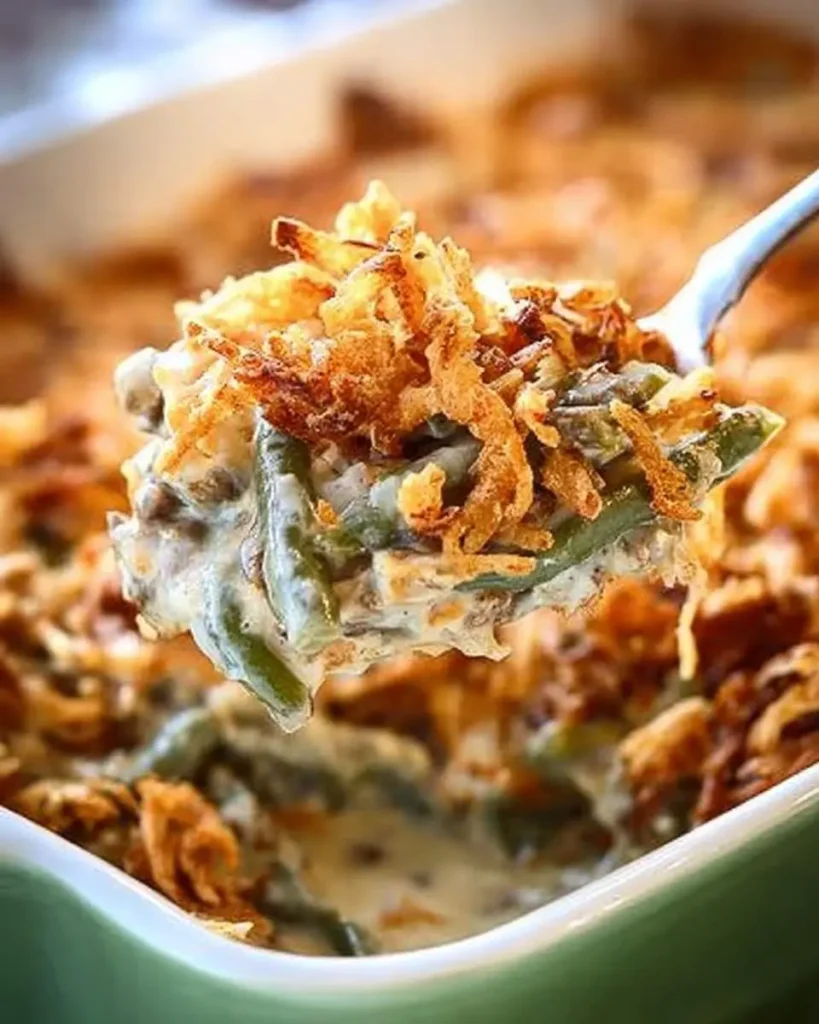 A close-up spoonful of creamy green bean casserole being lifted from a dish, topped with crispy fried onions.