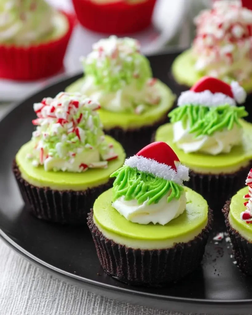 A close-up shot of a black plate filled with festive Grinch Mini Cheesecakes, featuring green tops and holiday decorations.