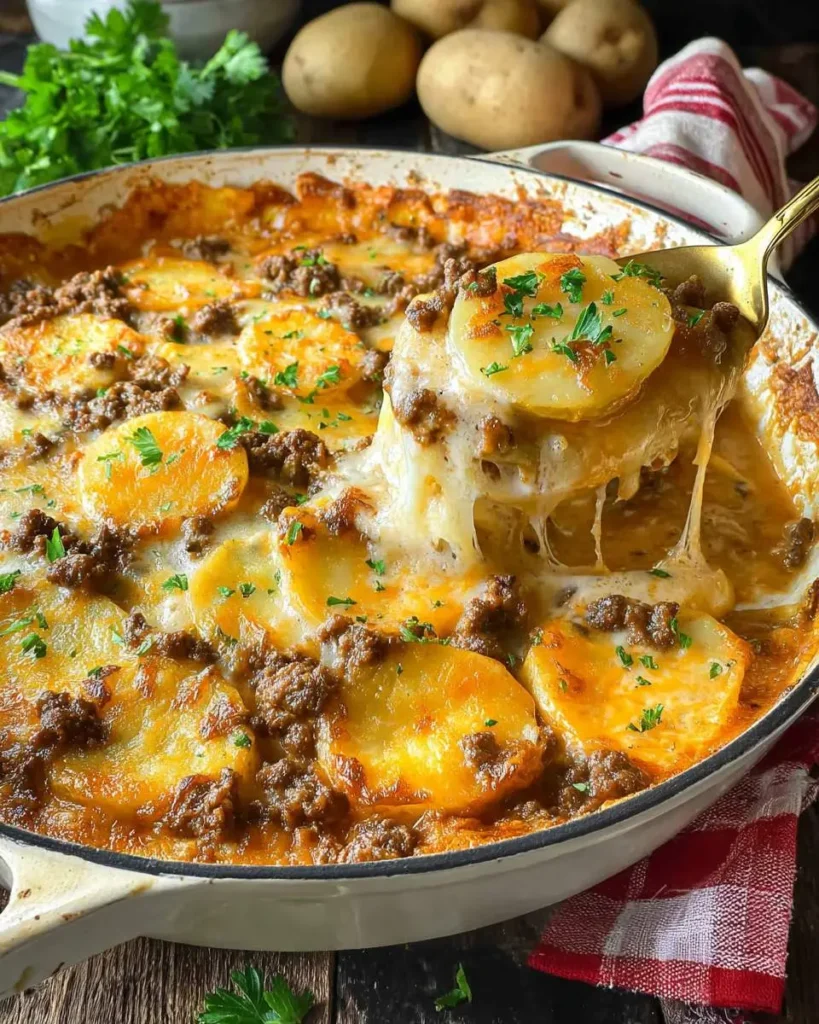 A golden spoon lifts a cheesy serving of hamburger potato casserole from a white skillet, garnished with fresh parsley.