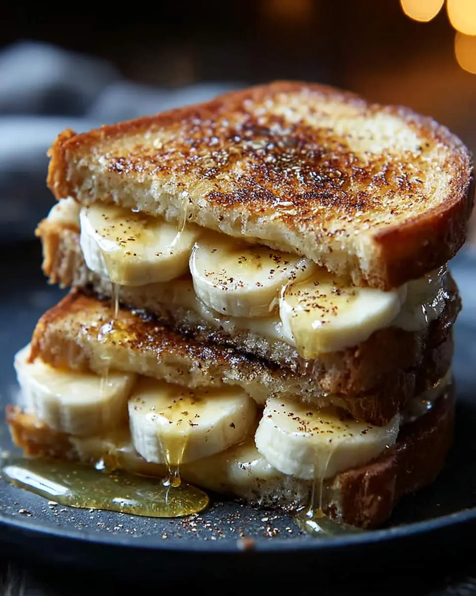 A stacked Honey Banana Grilled Cheese Sandwich drizzled with honey and spices on a dark plate.