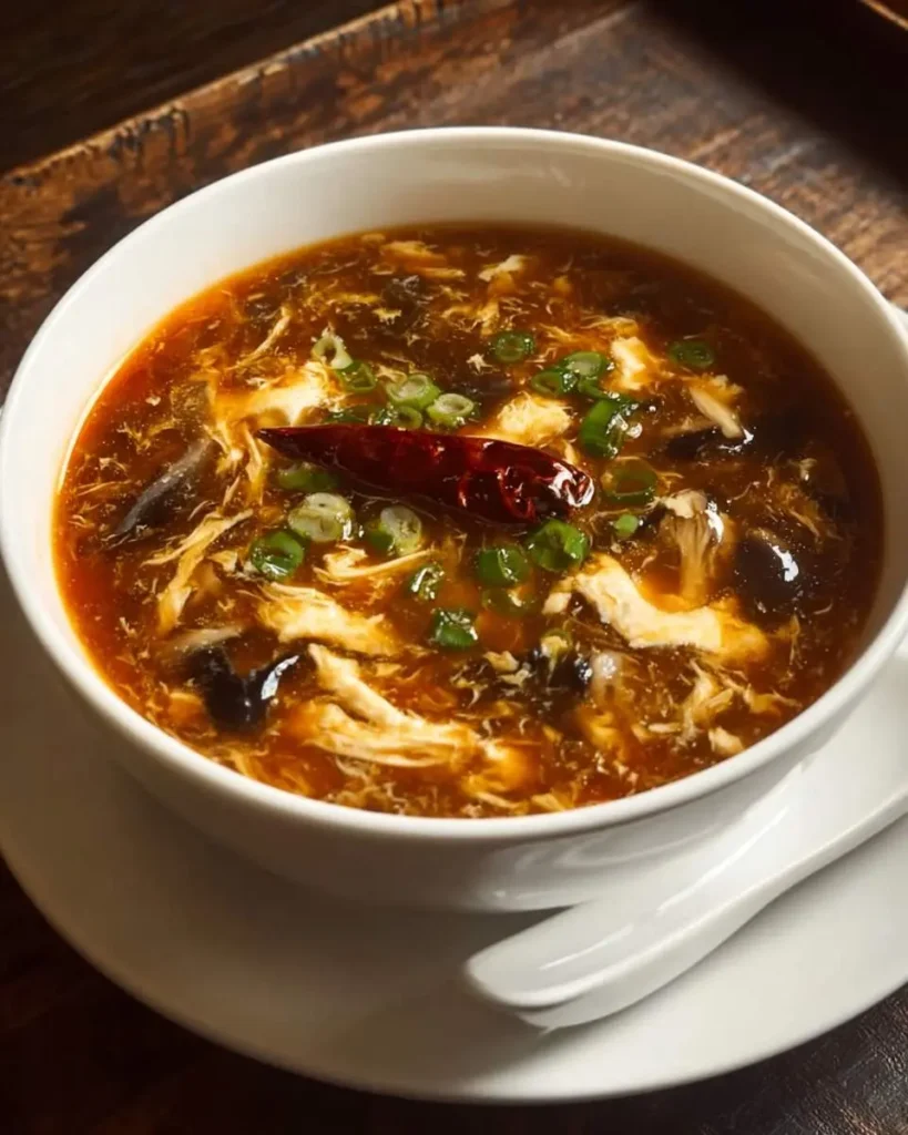 A white bowl of classic hot and sour soup with chicken, mushrooms, and a red chili on a wooden tray.
