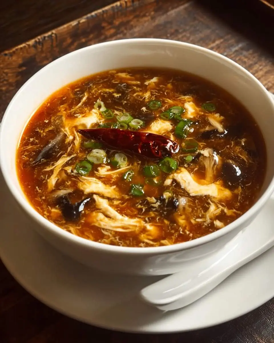 Hot And Sour Soup authentic Chinese 2 A white bowl of classic hot and sour soup with chicken, mushrooms, and a red chili on a wooden tray.