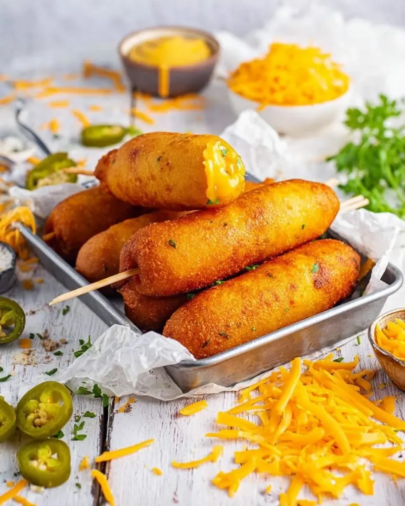 A tray of golden brown Jalapeño Cheddar Corn Dogs with melted cheese visible, surrounded by shredded cheddar and sliced jalapeños.