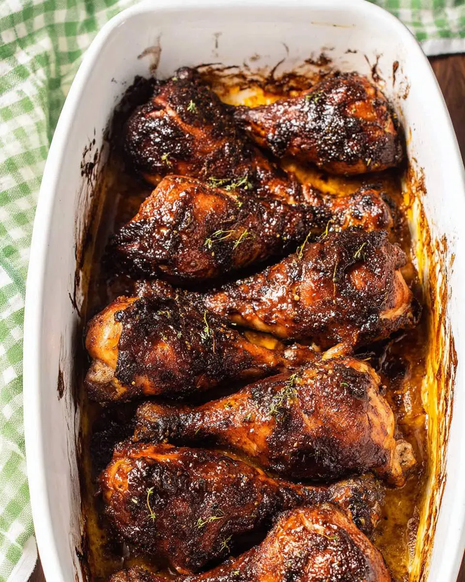 Jerk Chicken in the Slow Cooker with Peppers & Onions 2 An overhead shot of baked Jerk Chicken drumsticks in a white dish, with a glossy, caramelized glaze and thyme garnish.