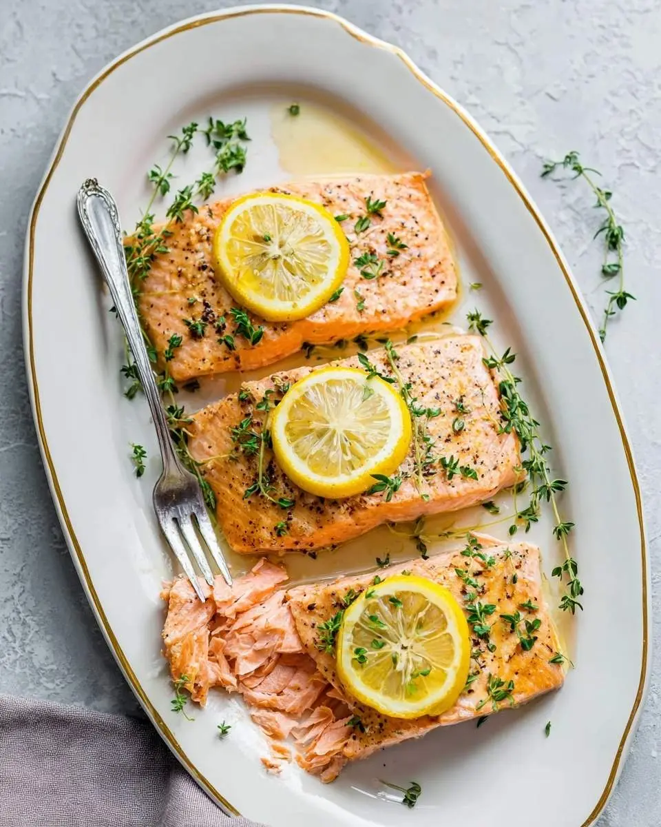 lemon butter salmon 2 Three perfectly cooked lemon butter salmon fillets topped with fresh lemon slices and thyme, served on an elegant white platter.