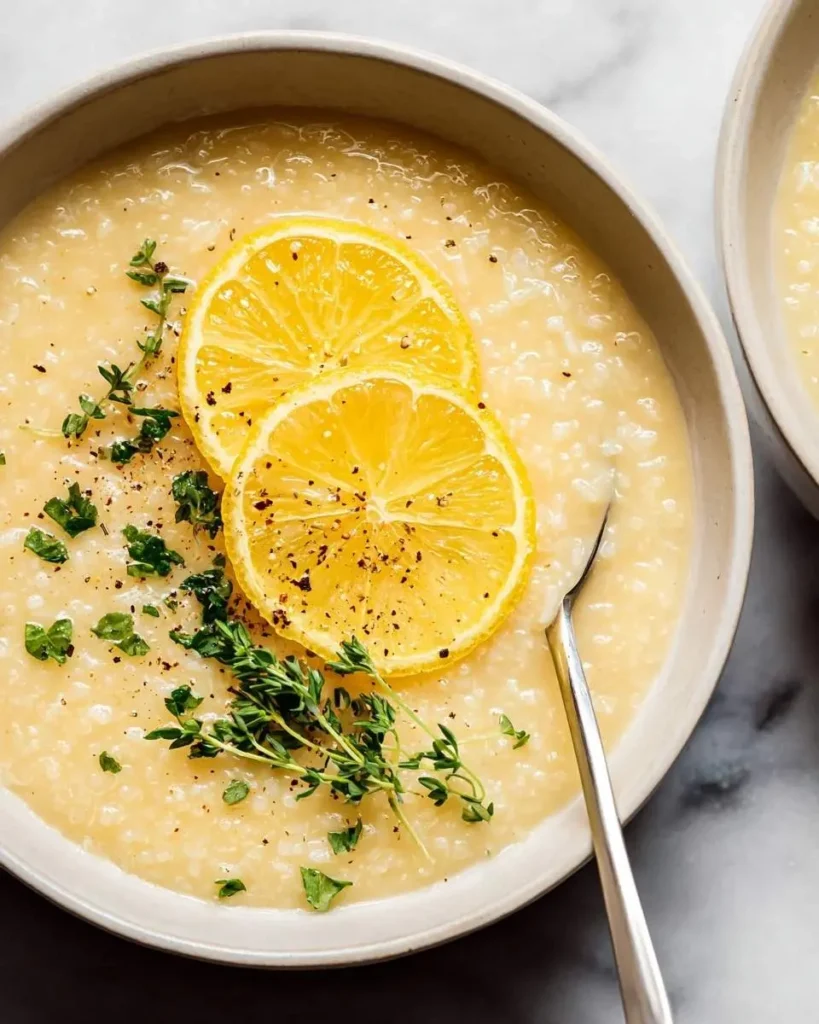 A close-up shot of a creamy lemon rice soup garnished with two fresh lemon slices, sprigs of thyme, and cracked black pepper.