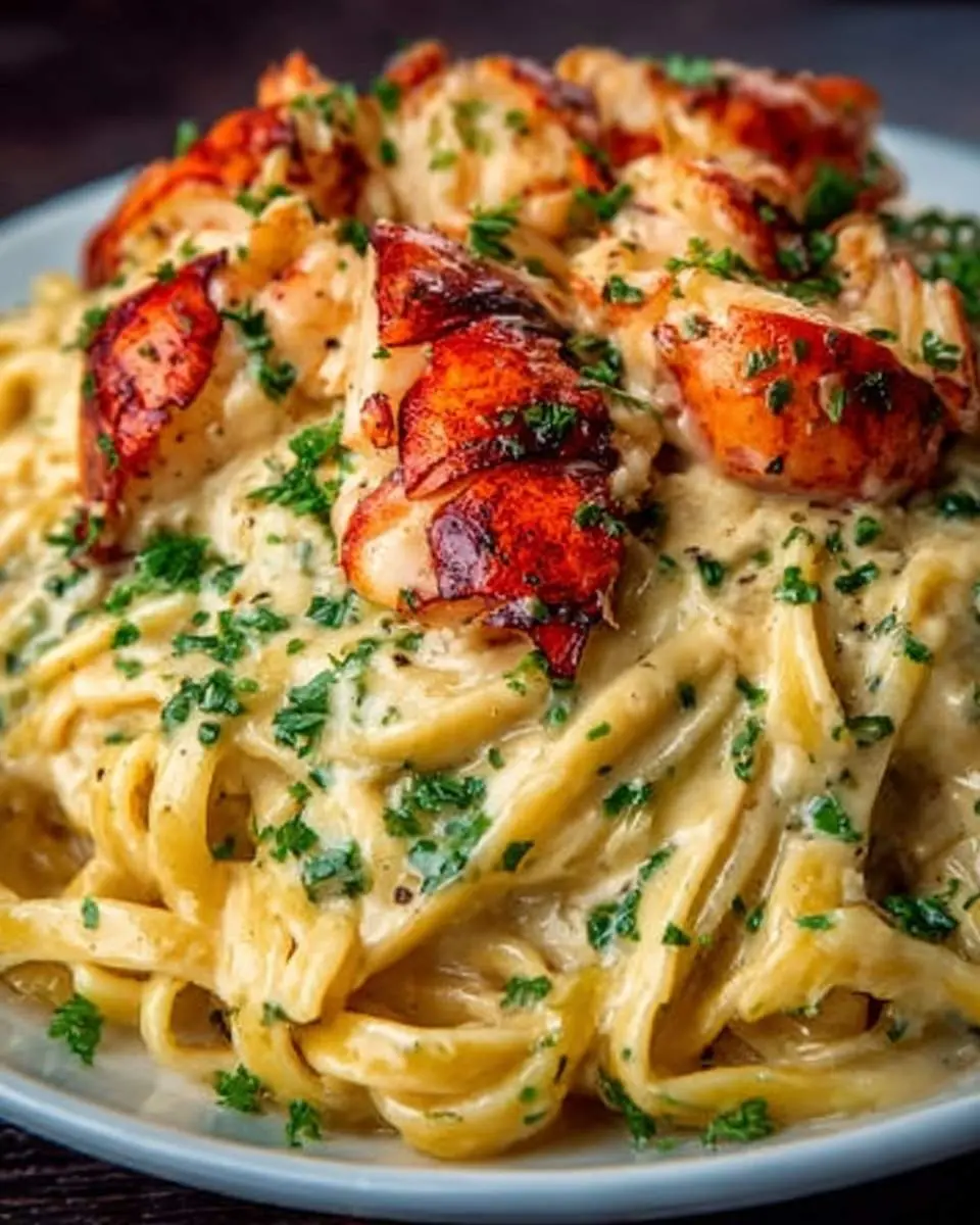 Lobster Alfredo Pasta 2 A close-up shot of delicious Lobster Alfredo Pasta served on a white plate, garnished with fresh parsley.