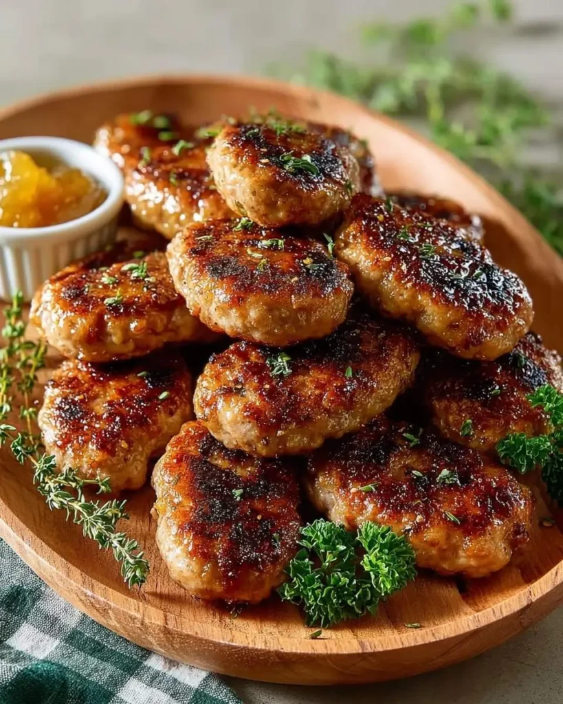 A rustic wooden platter overflowing with golden-brown Maple Chicken Breakfast Sausages, garnished with fresh herbs and a side of preserves.