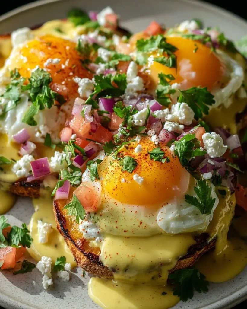 Close-up of vibrant Mexican Eggs Benedict topped with fresh pico de gallo, crumbled cheese, and a rich hollandaise sauce.
