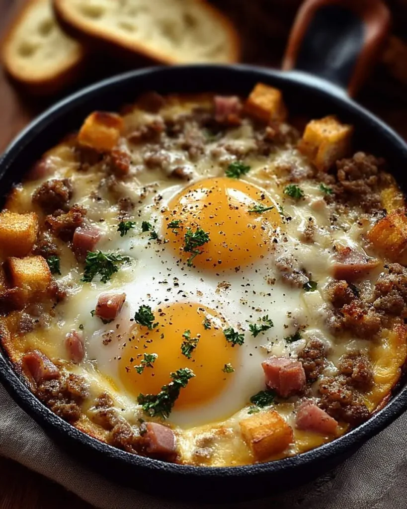 A close-up of a delicious Mountain Man Crock Pot Breakfast in a black skillet with two baked eggs, sausage, ham, cheese, and croutons, garnished with parsley.