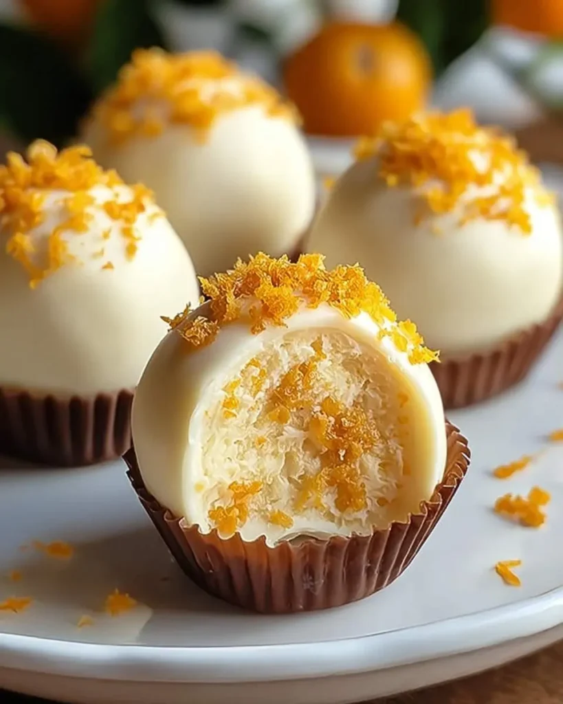 Four No Bake Orange Creamsicle Truffles on a white plate, one bitten to show the creamy interior and orange zest.