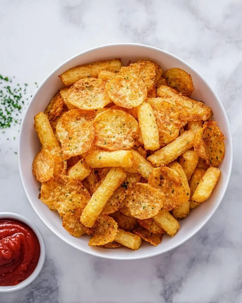 A white bowl filled with crispy, golden Pasta Chips, served on a marble surface with a side of ketchup and fresh herbs.