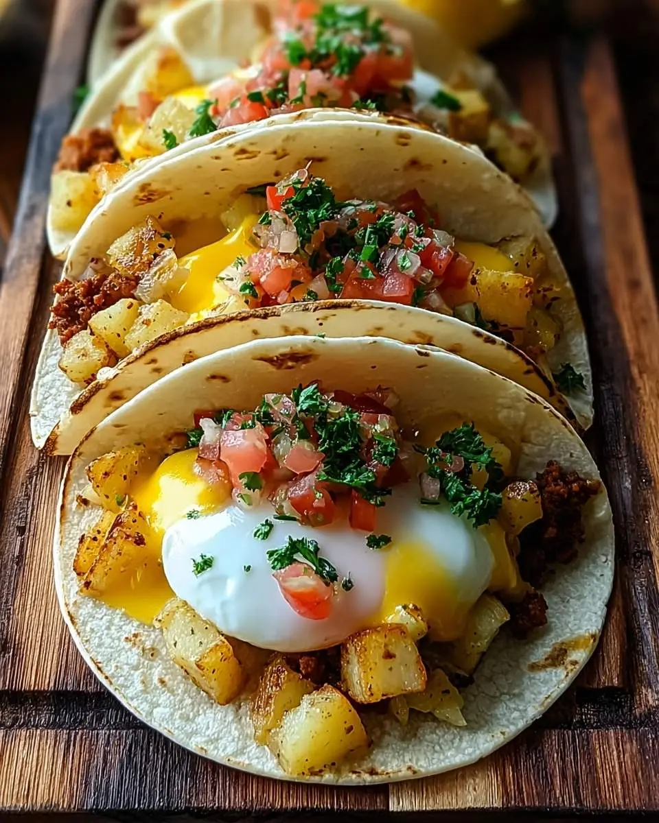 Close-up of delicious Potato Egg and Cheese Breakfast Tacos topped with fresh pico de gallo and cilantro on a wooden board.