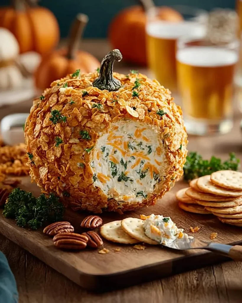 A festive Pumpkin Cheese Ball appetizer with a real pumpkin stem, served on a wooden board with crackers and pecans.